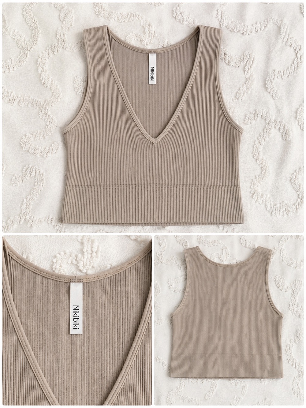Nikibiki Taupe Ribbed V-Neck Crop Tank Top